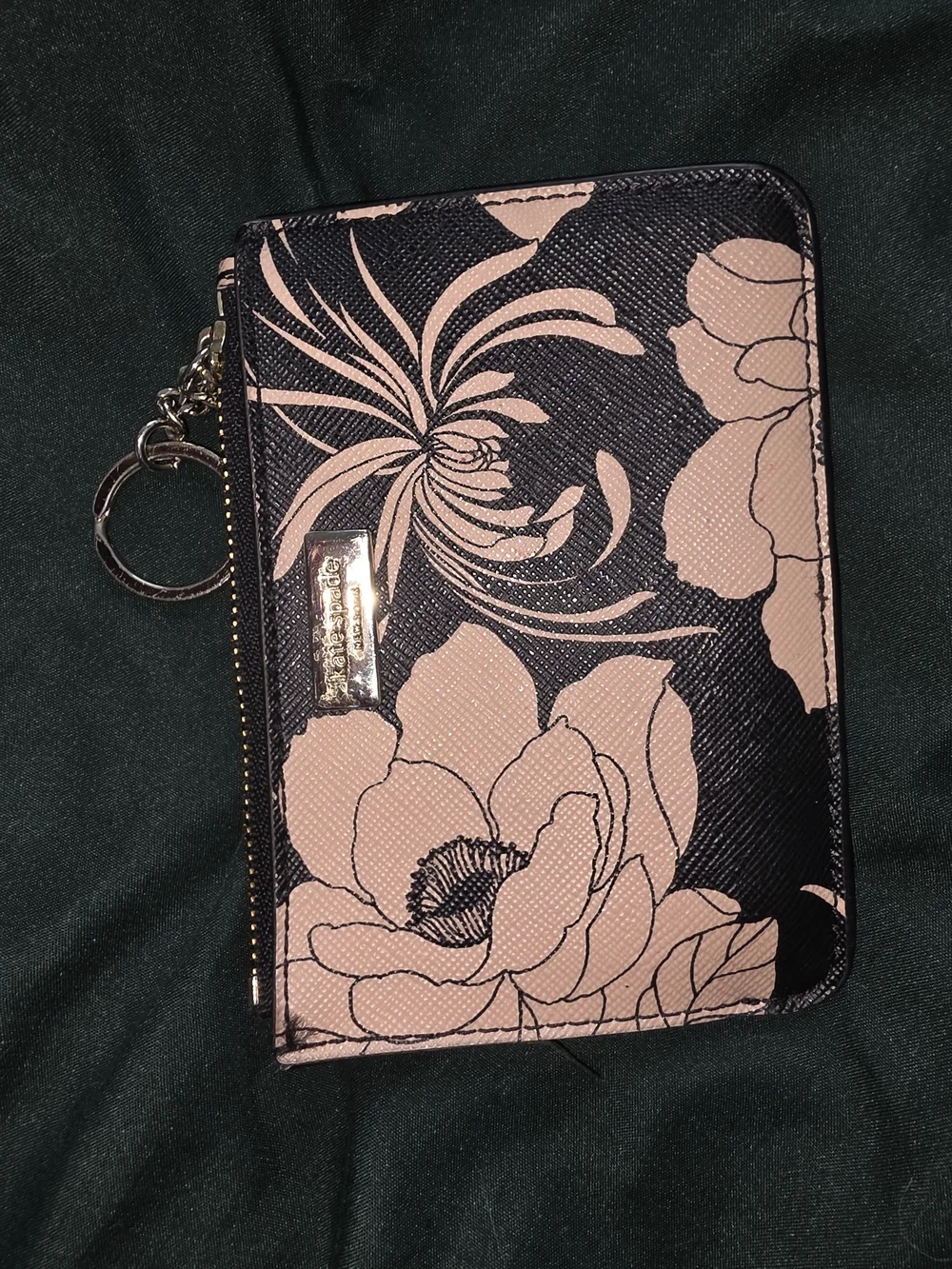 Floral Zip Keychain Wallet - Pink on Black